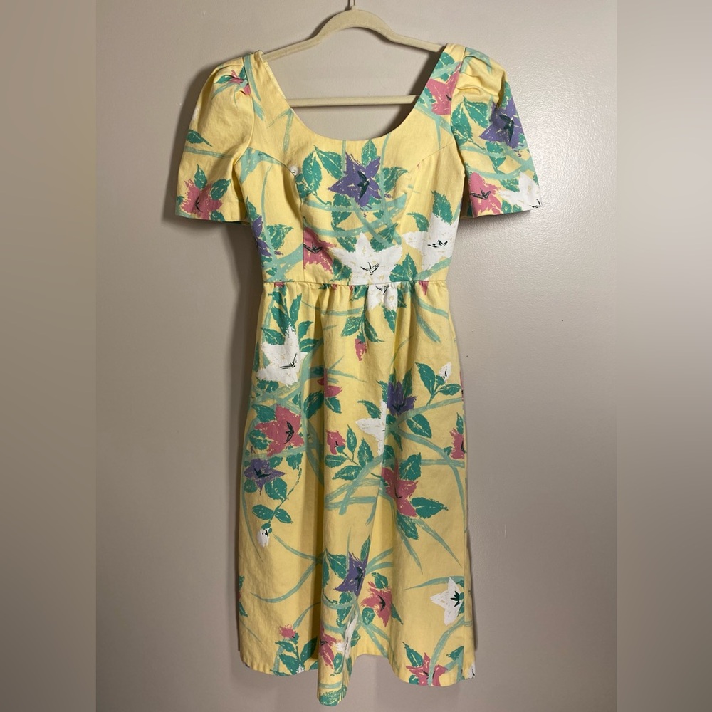Vintage 80s Blair Woolverton Butter Yellow Floral Cotton Dress Sz 4 EUC Cottagec